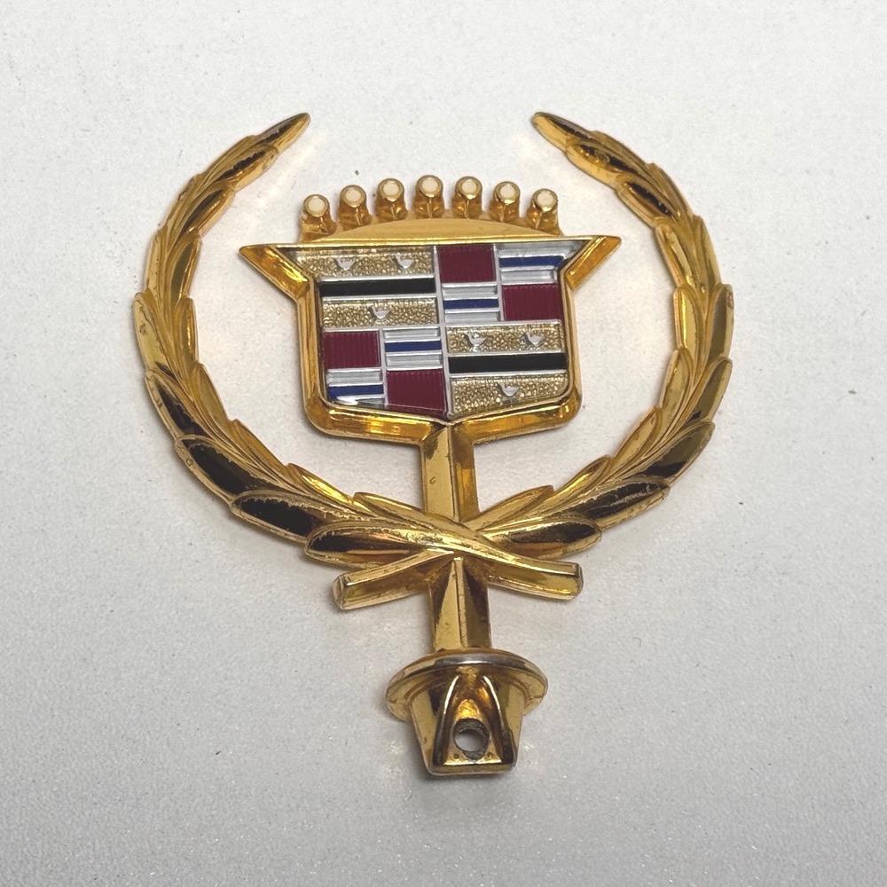 Vintage Gold Cadillac Round Base Hood Ornament Emblem, Wreath